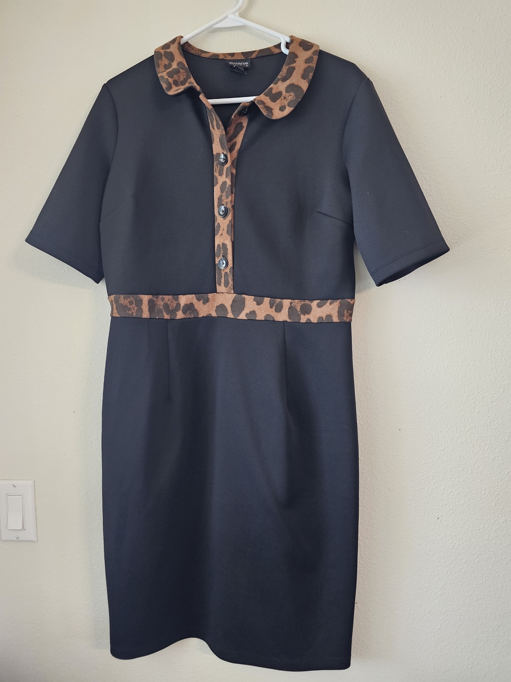 Enfocus Studio Black Midi Dress with Leopard-Print Trim